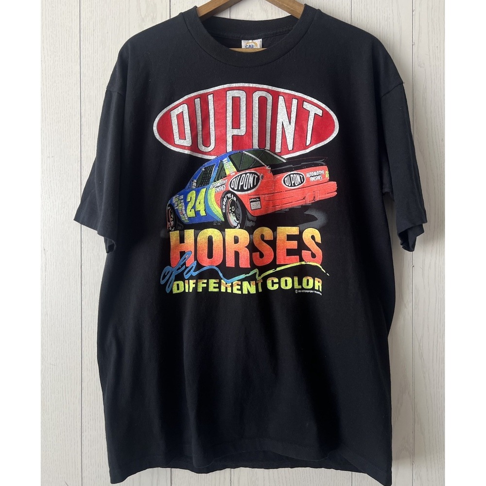 Vintage 90's Jeff Gordon Black T Shirt Large DUPONT NASCAR Racing Horses Color‎